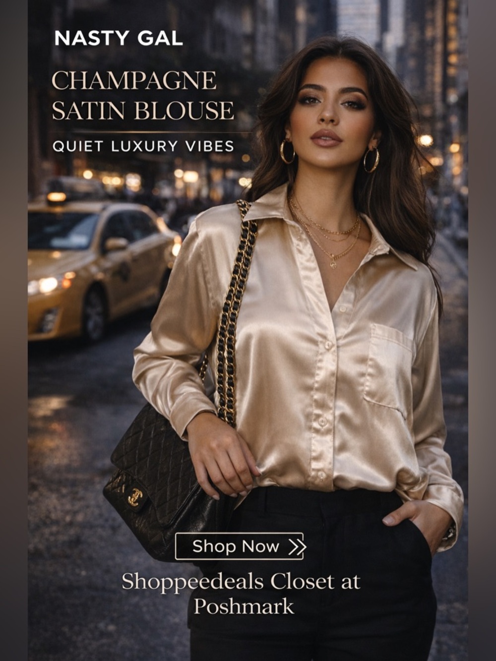 Nasty Gal Champagne Satin Button-Up Blouse Top